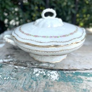 Edwin Knowles white floral serving bowl & lid gold gilded